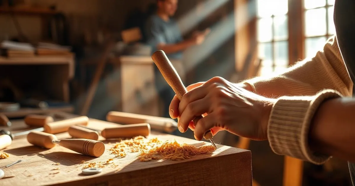 Mani di un artigiano che intaglia un blocco di legno su un banco da lavoro