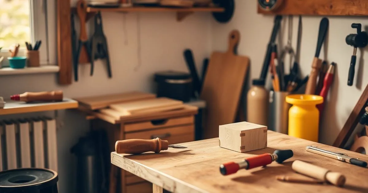 Angolo di casa attrezzato per il fai da te con utensili a mano e un piccolo progetto in legno